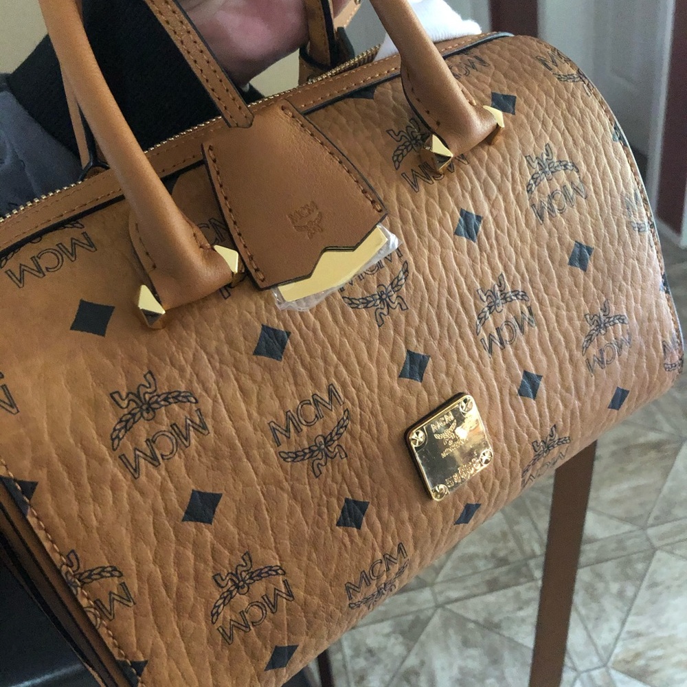 MCM Tan Crossbody Bag with Monogram Print and Gold Hardware